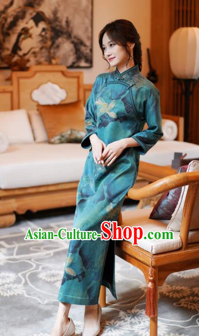 China Classical Lotus Pattern Green Silk Qipao Dress National Female Long Cheongsam
