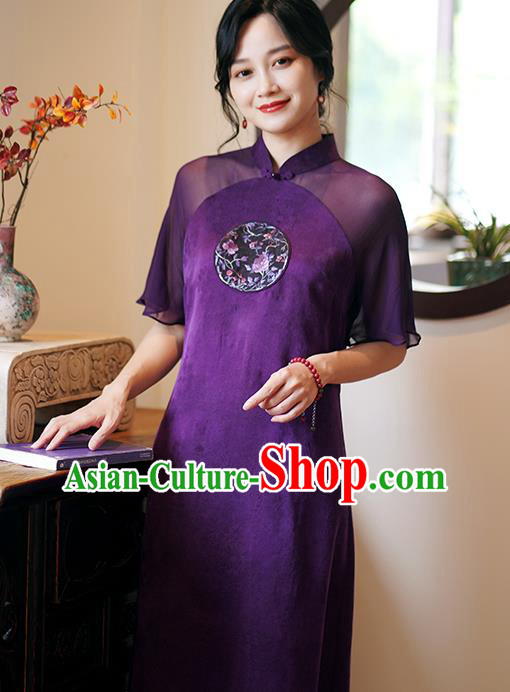 China Classical Embroidered Purple Silk Cheongsam Dress National Stand Collar Qipao Costume
