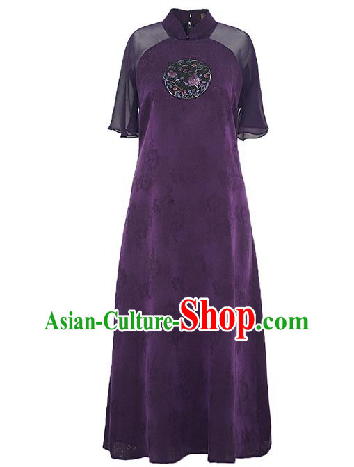 China Classical Embroidered Purple Silk Cheongsam Dress National Stand Collar Qipao Costume