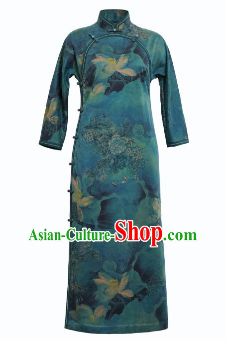 China Classical Lotus Pattern Green Silk Qipao Dress National Female Long Cheongsam