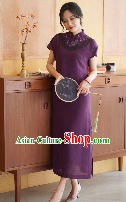 China National Stand Collar Qipao Costume Classical Embroidered Purple Silk Cheongsam Dress