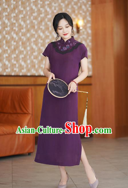 China National Stand Collar Qipao Costume Classical Embroidered Purple Silk Cheongsam Dress