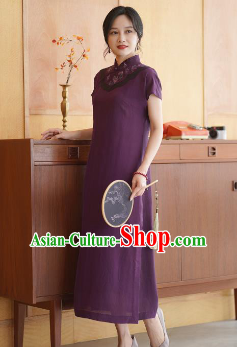 China National Stand Collar Qipao Costume Classical Embroidered Purple Silk Cheongsam Dress
