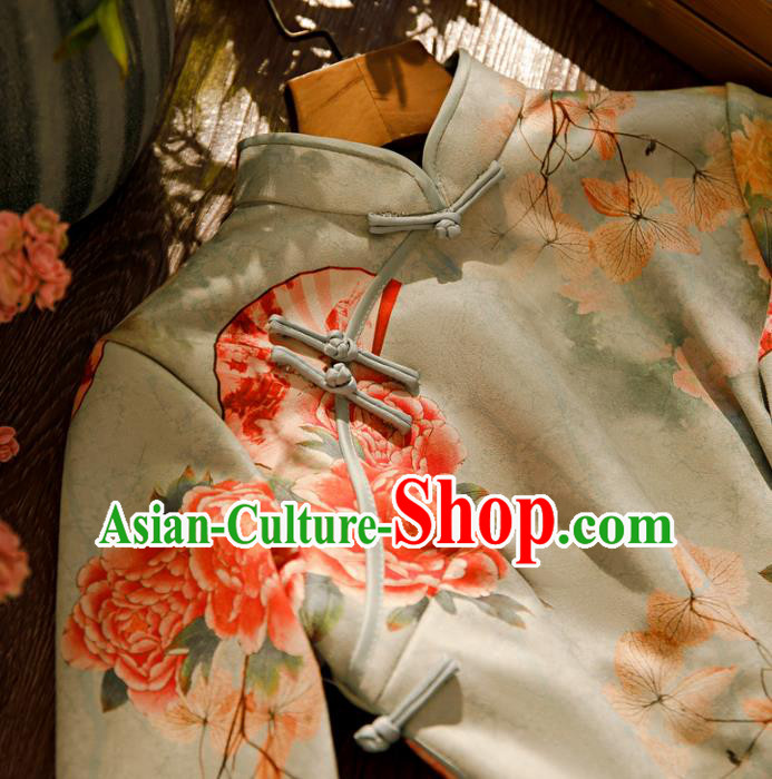 Chinese Traditional Young Beauty Cheongsam Clothing Classical Printing Peony Light Green Qipao Dress