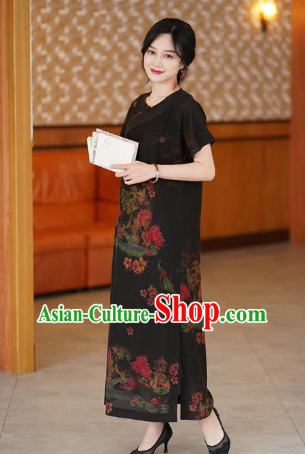 China National Modern Black Silk Qipao Costume Classical Cheongsam Dress