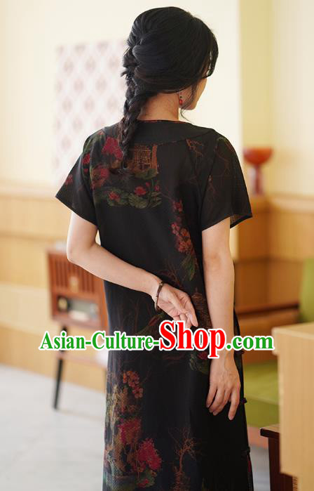 China National Modern Black Silk Qipao Costume Classical Cheongsam Dress