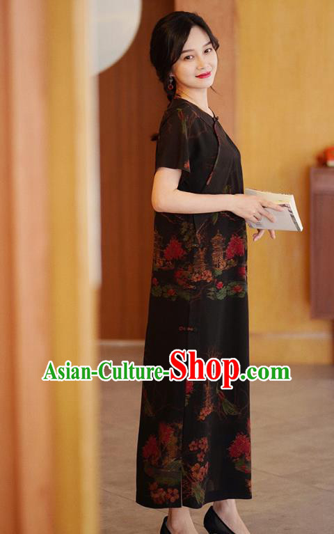 China National Modern Black Silk Qipao Costume Classical Cheongsam Dress