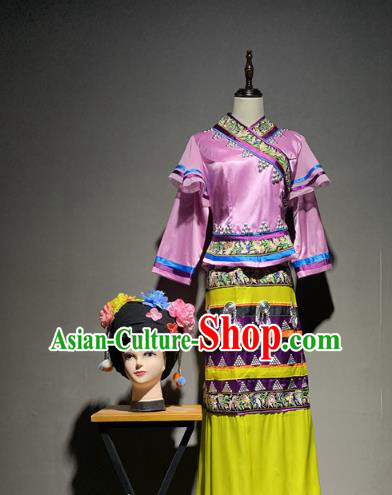 Chinese Wa Nationality Minority Costumes Ethnic Woman Stage Performance Folk Dance Dress and Hat