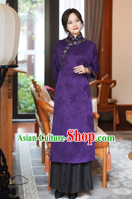 Republic of China National Female Purple Silk Cheongsam Classical Embroidered Qipao Dress