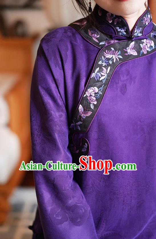 Republic of China National Female Purple Silk Cheongsam Classical Embroidered Qipao Dress