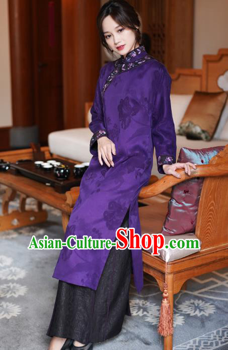 Republic of China National Female Purple Silk Cheongsam Classical Embroidered Qipao Dress