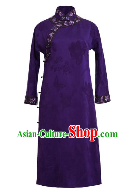 Republic of China National Female Purple Silk Cheongsam Classical Embroidered Qipao Dress