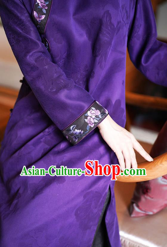 Republic of China National Female Purple Silk Cheongsam Classical Embroidered Qipao Dress