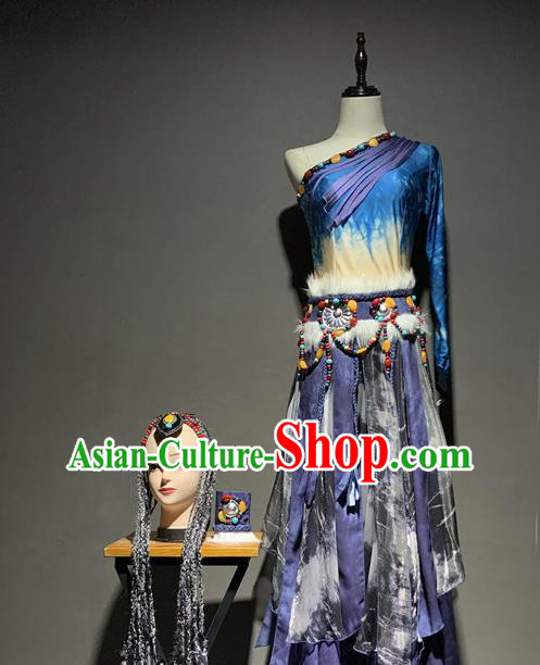 Chinese Zang Nationality Minority Female Costumes Tibetan Ethnic Folk Dance Outfits and Hair Accessories