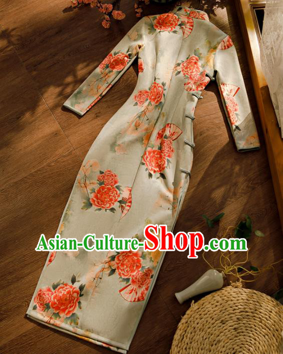 Chinese Traditional Young Beauty Cheongsam Clothing Classical Printing Peony Light Green Qipao Dress