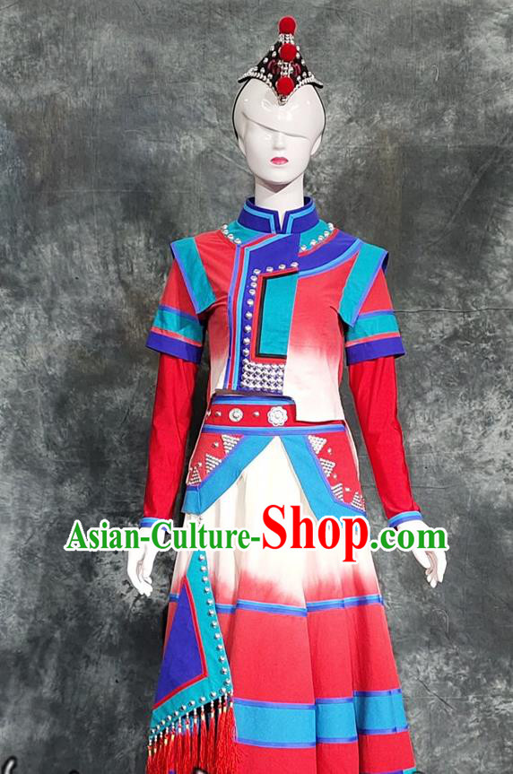 Chinese Qiang Nationality Woman Wedding Costumes Yunnan Ethnic Minority Stage Performance Red Dress and Hair Accessories