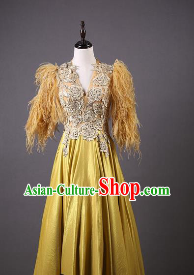Top Grade Party Compere Yellow Feather Full Dress Catwalks Modern Dance Costume