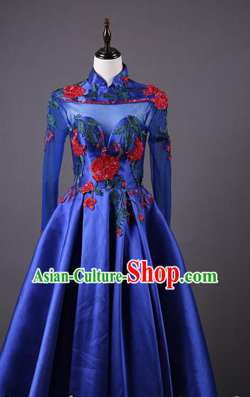 Top Grade Compere Royalblue Satin Full Dress Catwalks Stage Show Costume