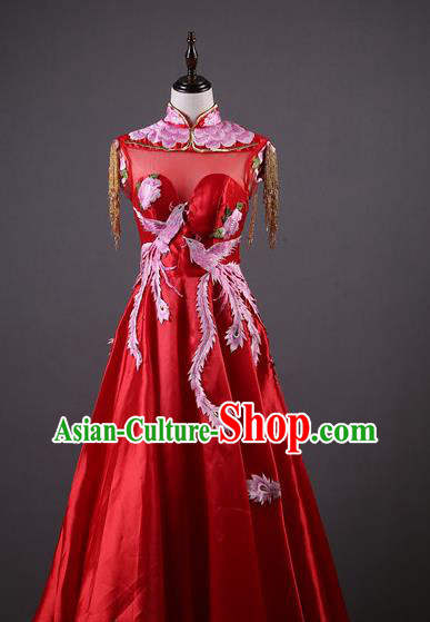 Top Grade Annual Meeting Catwalks Compere Costume Embroidered Phoenix Red Satin Full Dress