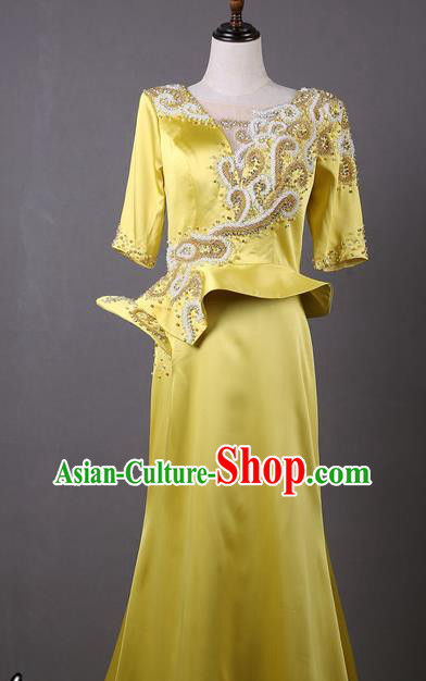 Top Grade Compere Yellow Satin Full Dress Modern Dance Stage Show Costume