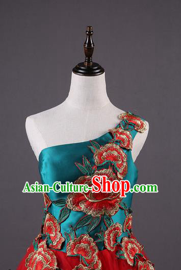 China Style Annual Meeting Compere Costume Embroidered Peony Red Veil Full Dress