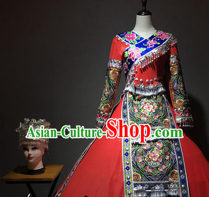 Chinese Miao Nationality Wedding Bride Costumes Hmong Ethnic Minority Stage Performance Red Dress and Silver Hat