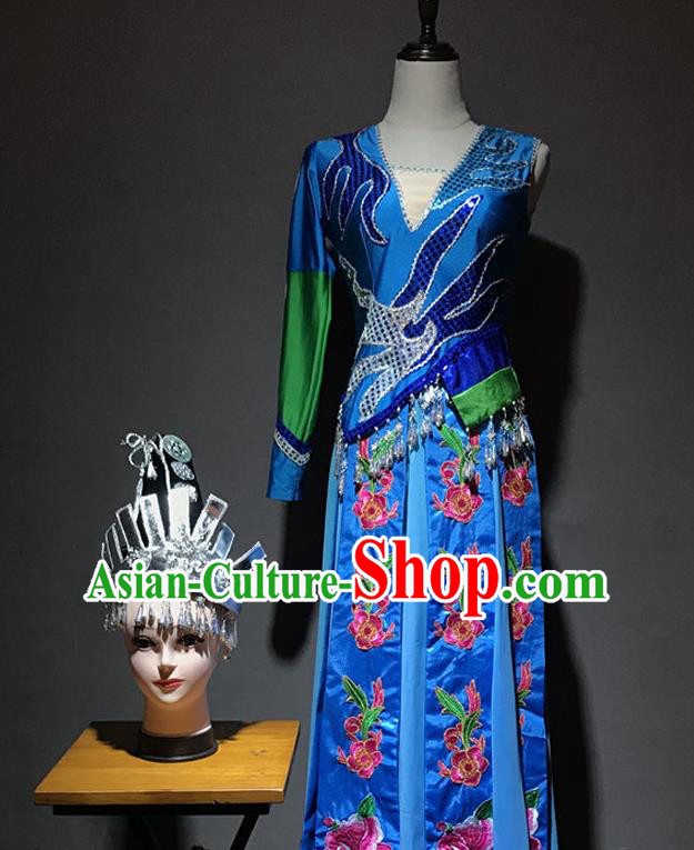 Chinese Shui Nationality Girl Costumes Ethnic Minority Folk Dance Blue Dress and Hair Accessories