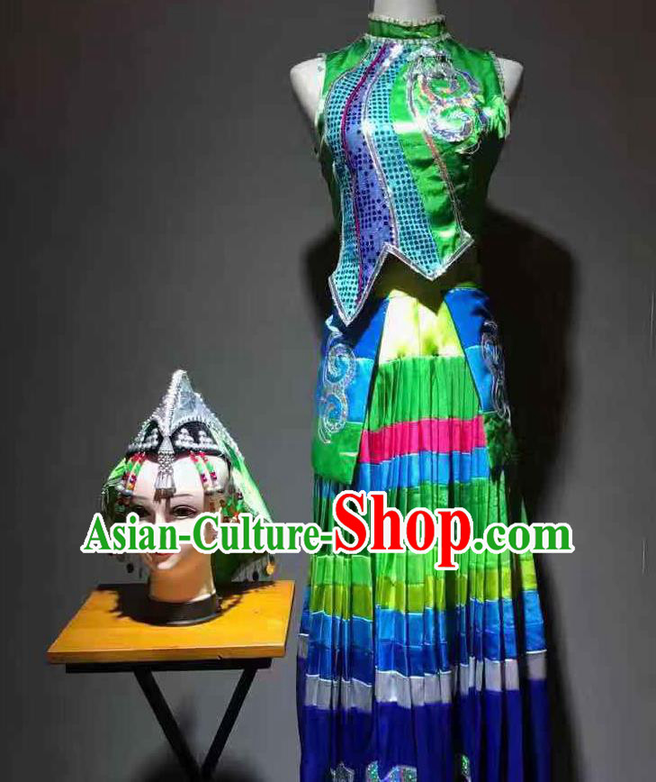 Chinese Yi Nationality Young Lady Costumes Ethnic Minority Folk Dance Green Outfits and Headwear