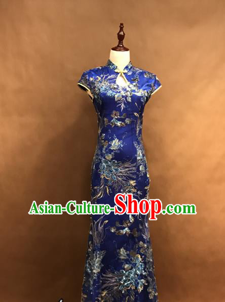 Professional Catwalks Stage Show Cheongsam Costume Shanghai Beauty Blue Qipao Dress