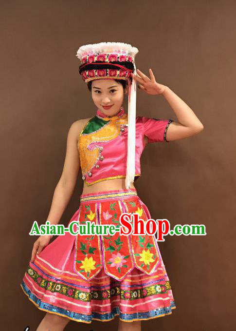 Chinese Zhuang Nationality Young Lady Costumes Ethnic Minority Folk Dance Pink Outfits and Hat