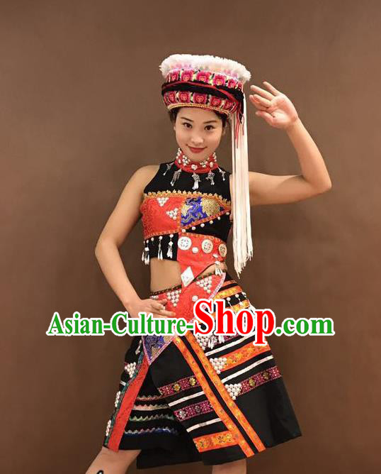 Chinese Zhuang Nationality Folk Dance Costumes Ethnic Minority Stage Performance Black Outfits and Hat