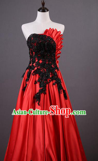 Top Grade Chorus Compere Costume Wedding Red Satin Full Dress