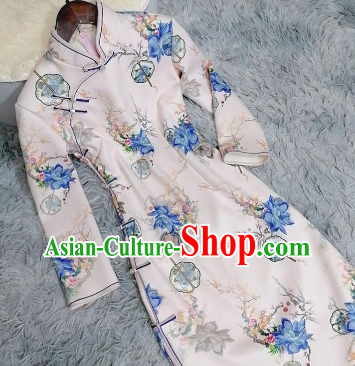 Chinese Classical Printing Blue Mangnolia Qipao Dress Traditional Shanghai Women Cheongsam Clothing