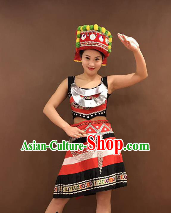 Chinese Miao Nationality Costumes Hmong Ethnic Minority Folk Dance Outfits and Hat