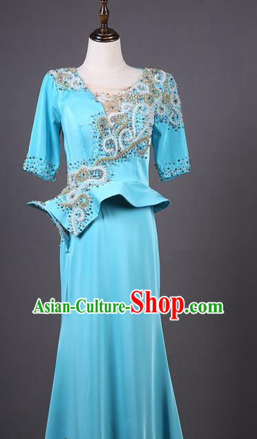 Top Grade Compere Blue Satin Middle Sleeve Full Dress Ballroom Dance Stage Show Costume
