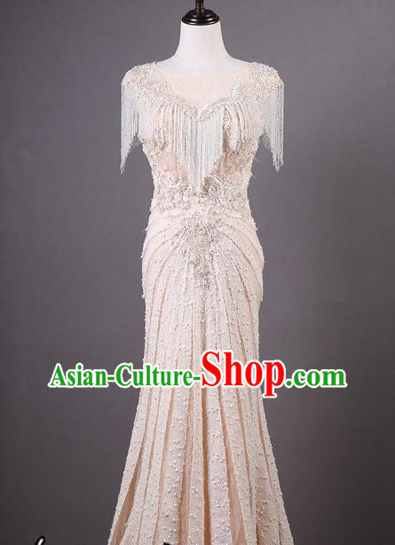 Top Grade Compere Champagne Tassel Full Dress Catwalks Stage Performance Costume