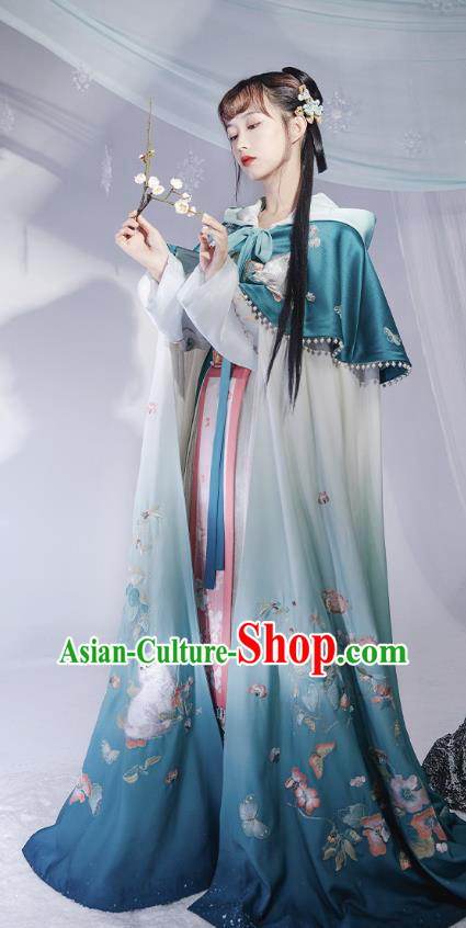 China Ancient Noble Infanta Cape Clothing Traditional Ming Dynasty Princess Embroidered Blue Silk Cloak