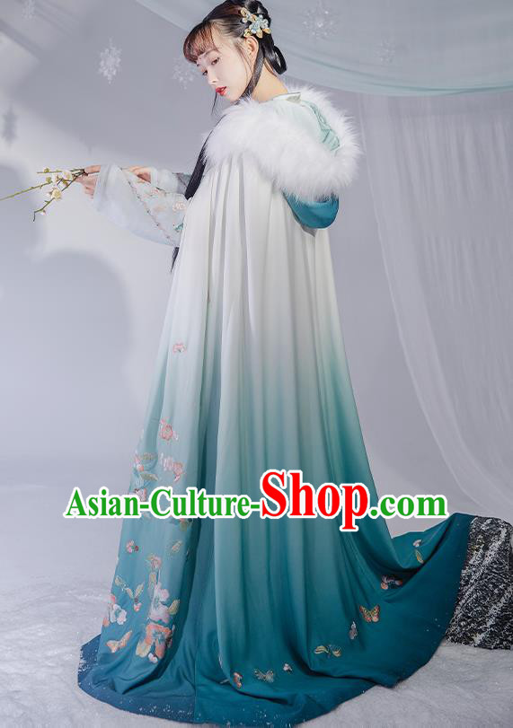 China Ancient Noble Infanta Cape Clothing Traditional Ming Dynasty Princess Embroidered Blue Silk Cloak