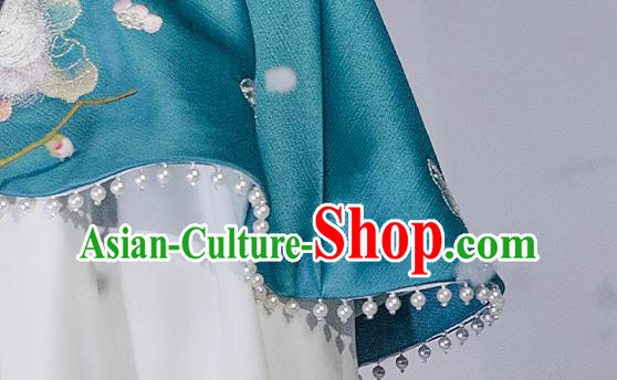 China Ancient Noble Infanta Cape Clothing Traditional Ming Dynasty Princess Embroidered Blue Silk Cloak