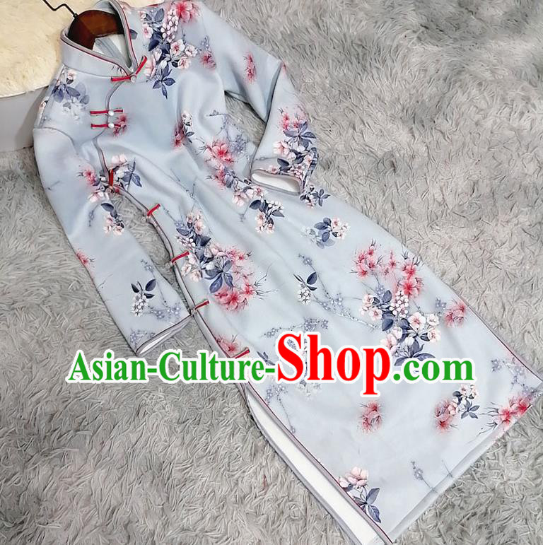 Chinese Traditional Shanghai Light Blue Cheongsam Classical Printing Plum Blossom Qipao Dress