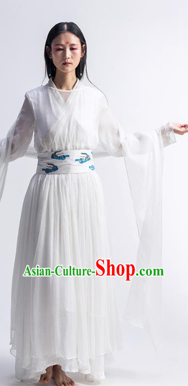 Chinese Traditional Zen Clothing Classical Dance Costume National White Chiffon Qipao Dress