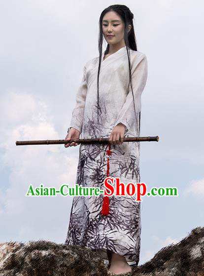 Chinese National Ink Painting White Silk Dress Traditional Zen Clothing Martial Arts Costume