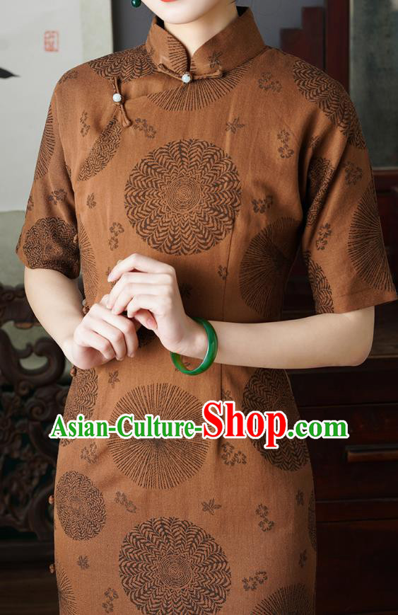 Chinese Traditional Jacquard Brown Flax Cheongsam National Shanghai Beauty Costume Slim Qipao Dress