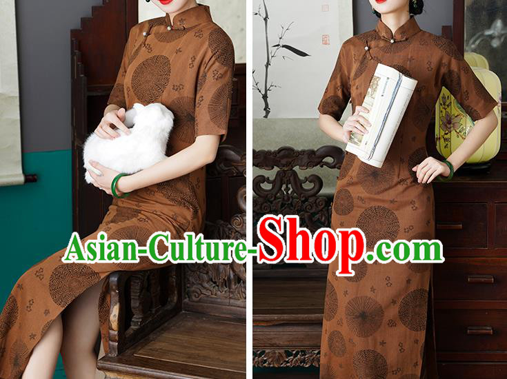 Chinese Traditional Jacquard Brown Flax Cheongsam National Shanghai Beauty Costume Slim Qipao Dress