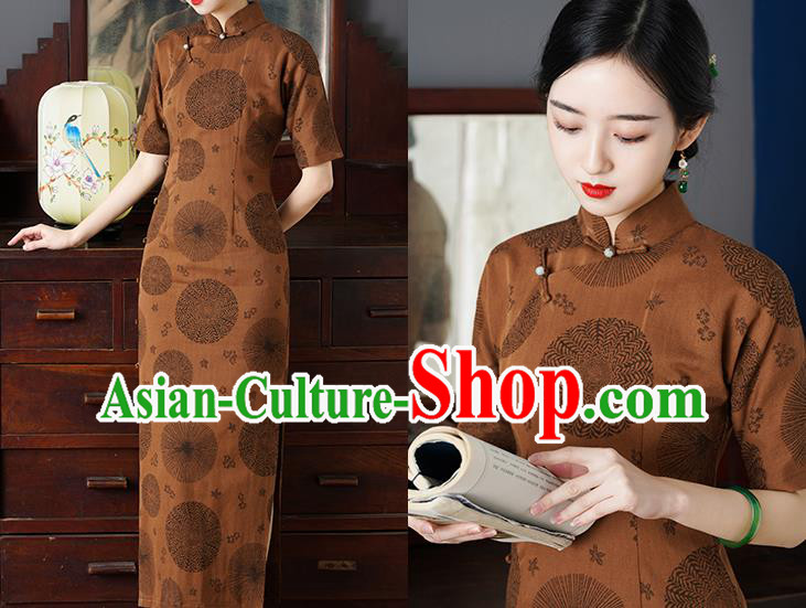 Chinese Traditional Jacquard Brown Flax Cheongsam National Shanghai Beauty Costume Slim Qipao Dress