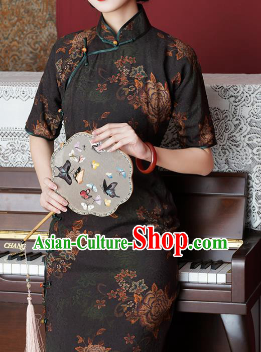 Chinese Slim Qipao Dress Traditional Printing Peony Black Tencel Cheongsam National Shanghai Beauty Costume