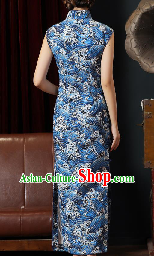 Chinese Classical Wave Pattern Qipao Dress National Young Lady Costume Traditional Blue Cheongsam