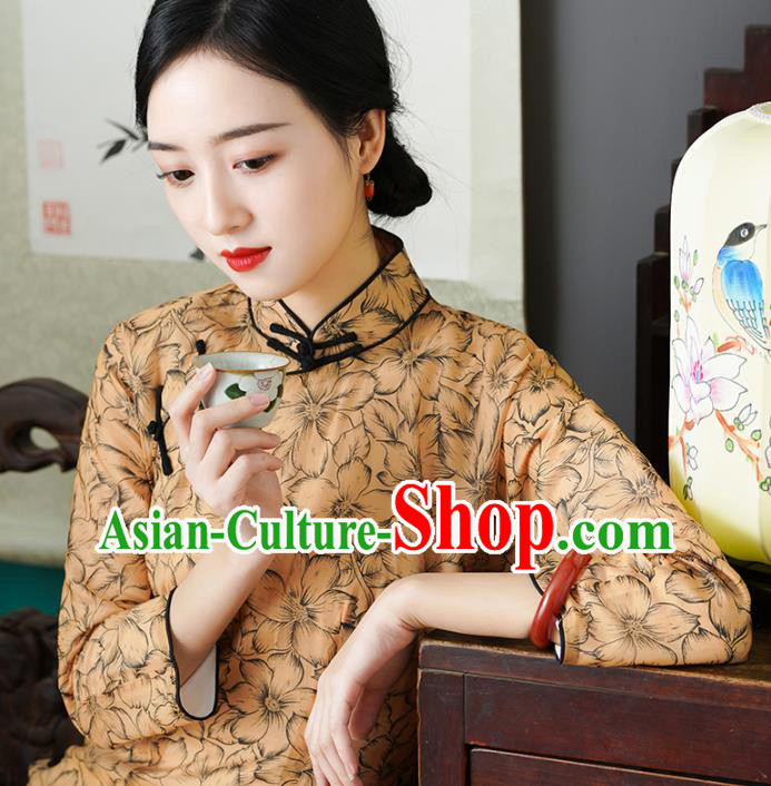 Chinese Traditional Shanghai Cheongsam Classical Printing Golden Tencel Qipao Dress National Woman Costume