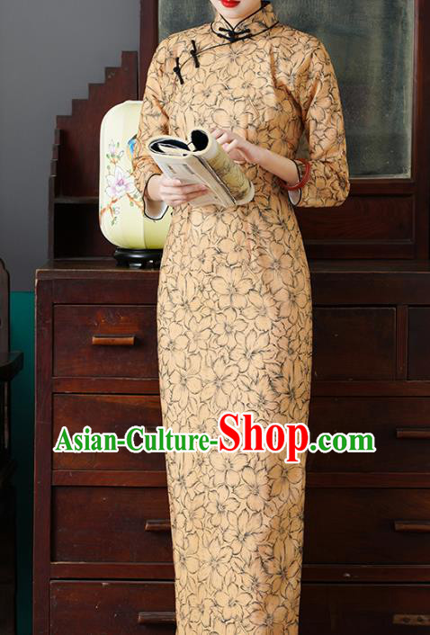 Chinese Traditional Shanghai Cheongsam Classical Printing Golden Tencel Qipao Dress National Woman Costume