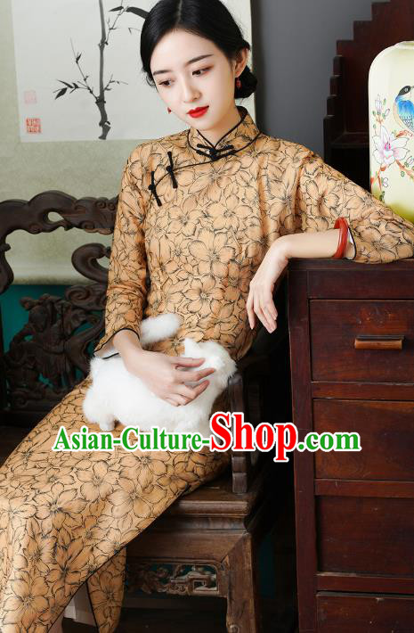 Chinese Traditional Shanghai Cheongsam Classical Printing Golden Tencel Qipao Dress National Woman Costume